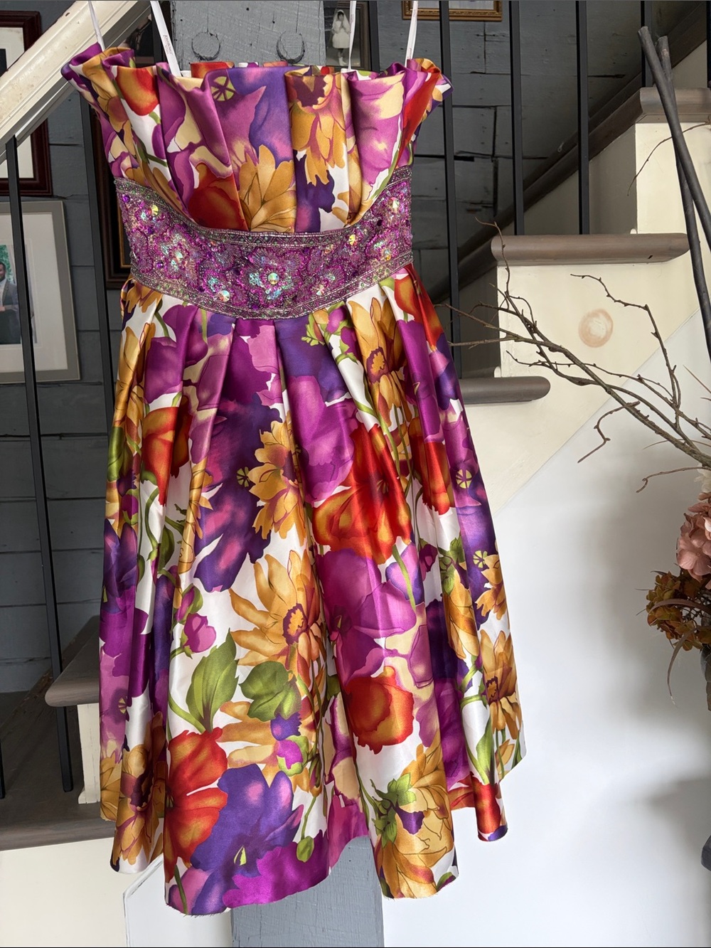 Tony bowls  Purple Floral Party Dress with Embellished Waist